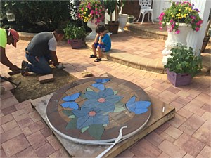 stasi butterfly blue flowers paver art custom design nicolock crab orchard driveway pavers bellmore mojave tan bullnose step